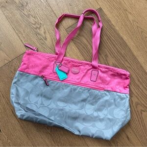 Coach Signature Nylon Colorblock Packable Weekender Bag - Pink & Gray - EUC